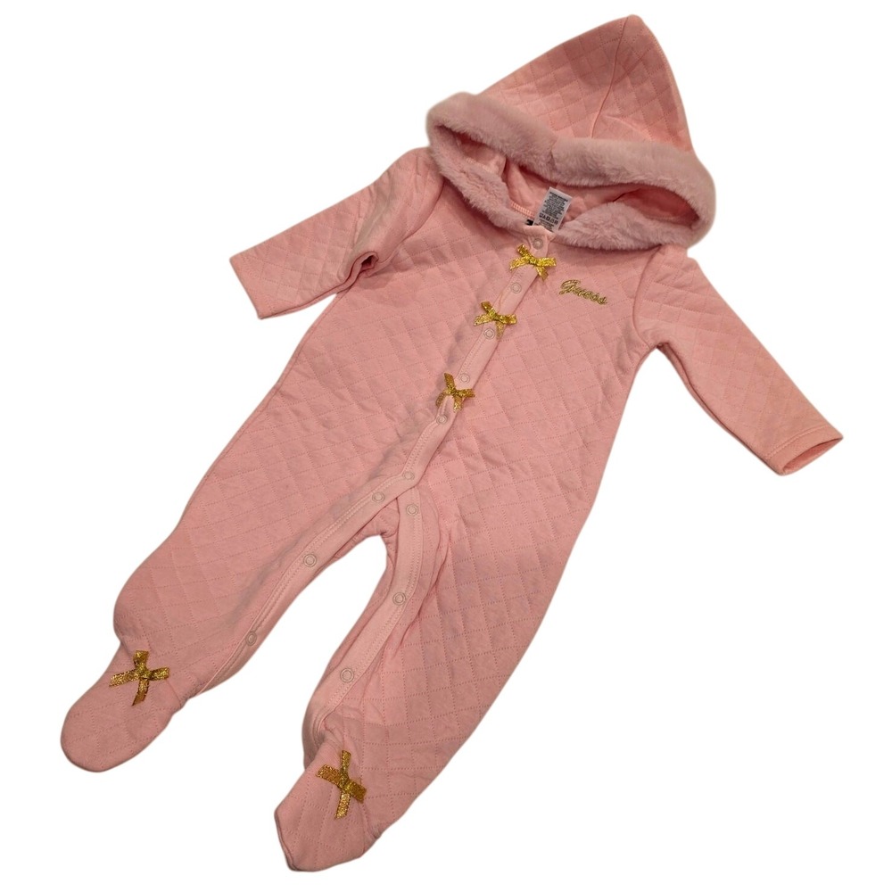 NWT Guess quilted, pink‎ button up body suit with gold bows and hood sz 3-6mo